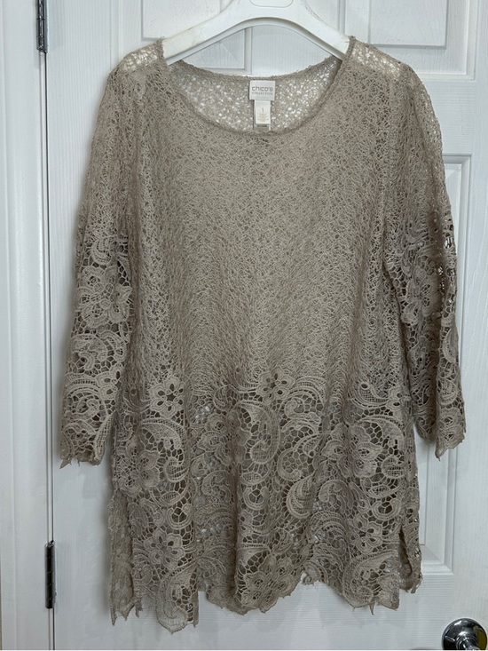 Chico's Tops - Chico's Collection Sheer Lace Crochet Tunic Top Beige Taupe Size 1 M